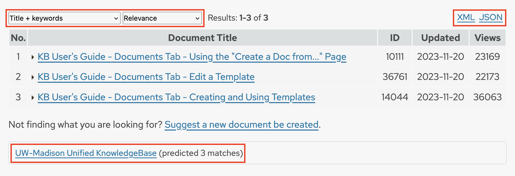 Above the search results table, the search mode and sorting dropdowns are highlighted, followed by links for XML and JSON. Below the table, a link that reads "UW-Madison Unified KnowledgeBase" is highlighted.