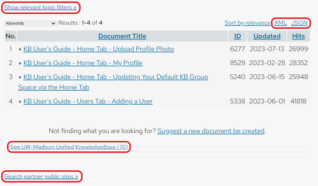 The Search results page with the Show relevant topic filters, XML, JSON, See UW-Madison Unified KnowledgeBase, and Search partner public sites links circled in red.