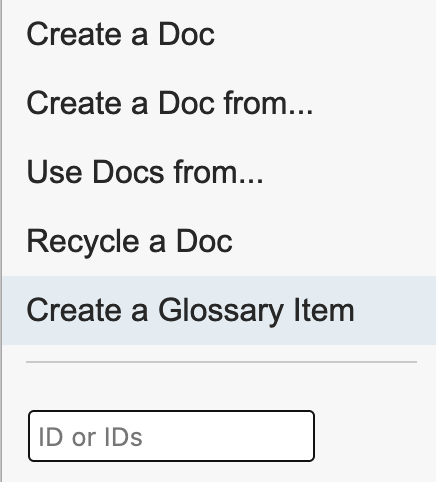 Screenshot showing the "Create a Glossary Item" link in the first group of the left-hand navigation