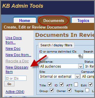 New Glossary Item link in the left nav bar of the Documents tab