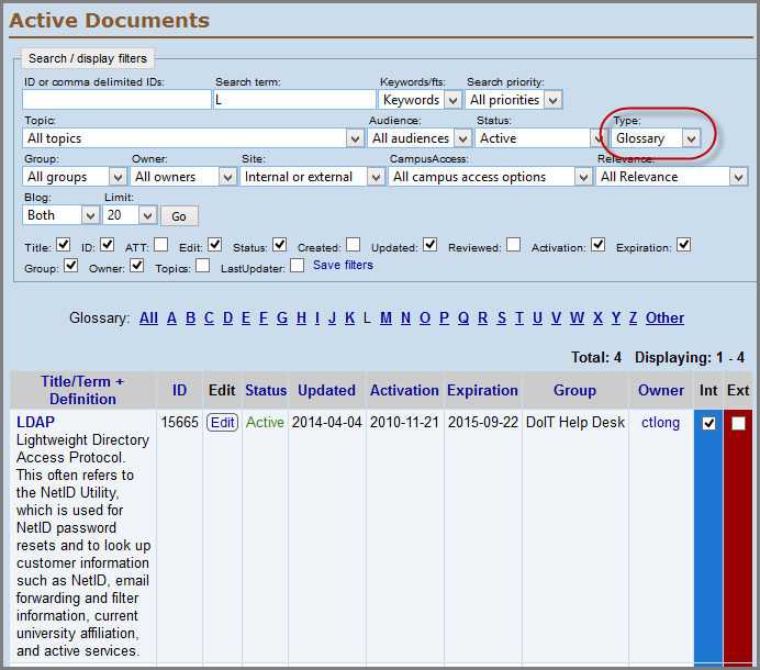 Search and display filters for active documents highlighting the type dropdown set to glossary