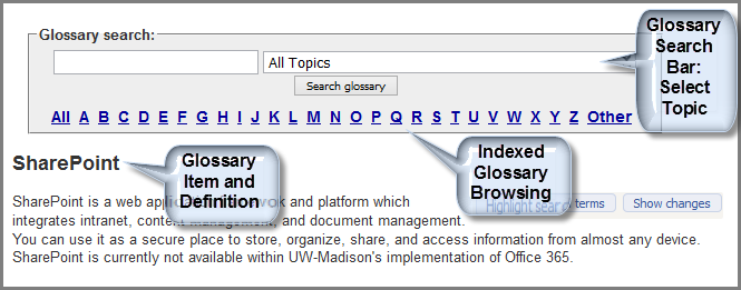 Glossary search displaying the topic select dropdown, alphabetical indexed browsing, and glossary items and definitions 