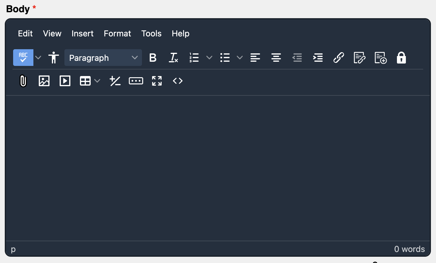 When in dark mode, the editor in the body field will load with a dark background and white text and icons.