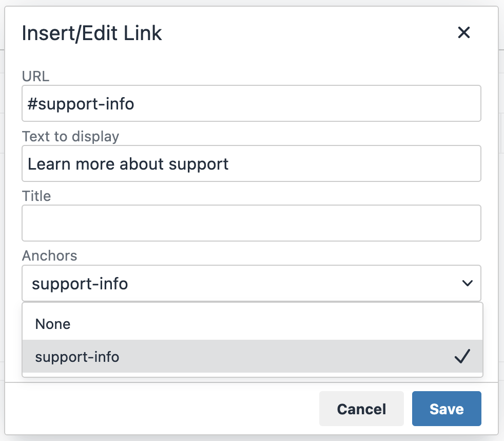 Screenshot of the "Insert/edit link" window, where the text to display is "Learn more about support", and the "support dash info" anchor has been selected in the dropdown. This has caused the URL field to be populated with the text "hash support dash info".