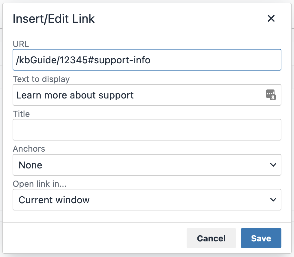 Screenshot of the "Insert/edit link" window, where the text to display is "Learn more about support", and the URL is set as "slash kb guide slash 12345 hash support dash info"