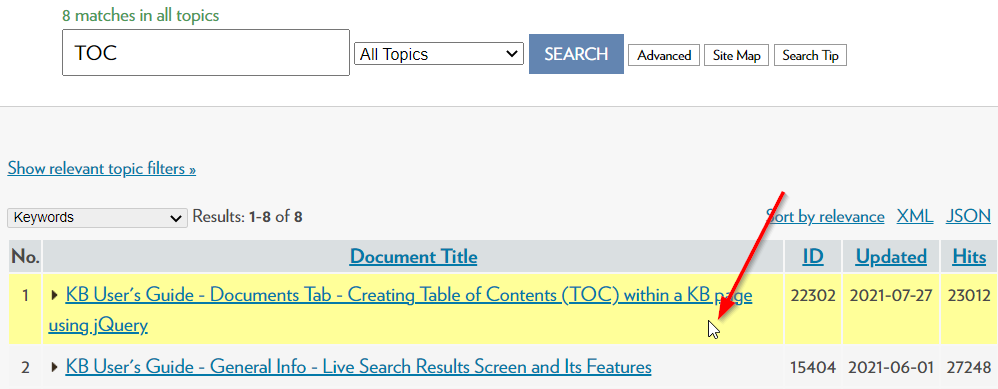 Mouse hovering over a KB live site search result highlighting a specific document