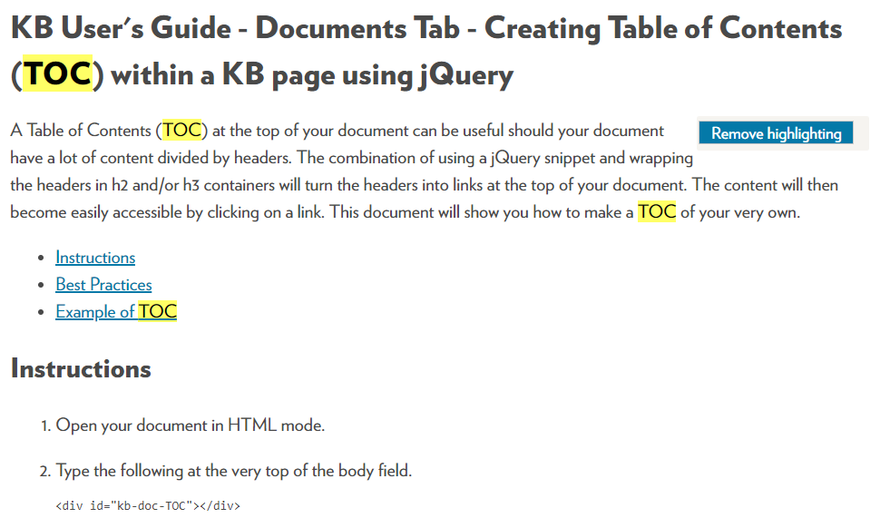 KB document with the search keyword TOC highlighted throughout the document