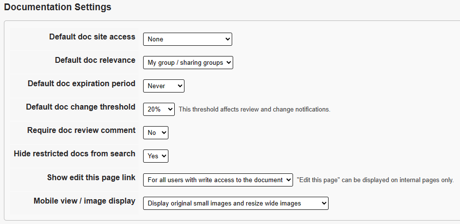 Screenshot of documentation settings options