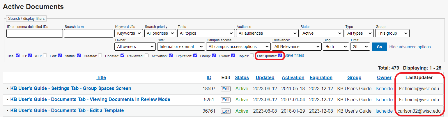 The Active Documents page, Show advanced options has been clicked and the LastUpdater checkbox is checked and circled in red. In the results table, LastUpdater appears on the far right and is circled in red.