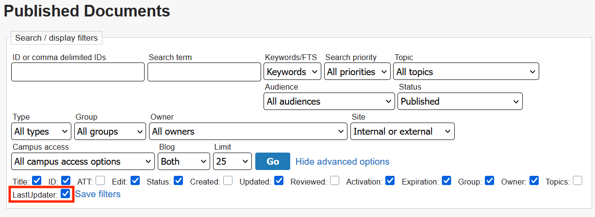 The LastUpdater checkbox is the last checkbox in the list when Advanced Options are displayed in the Search / display filters section.