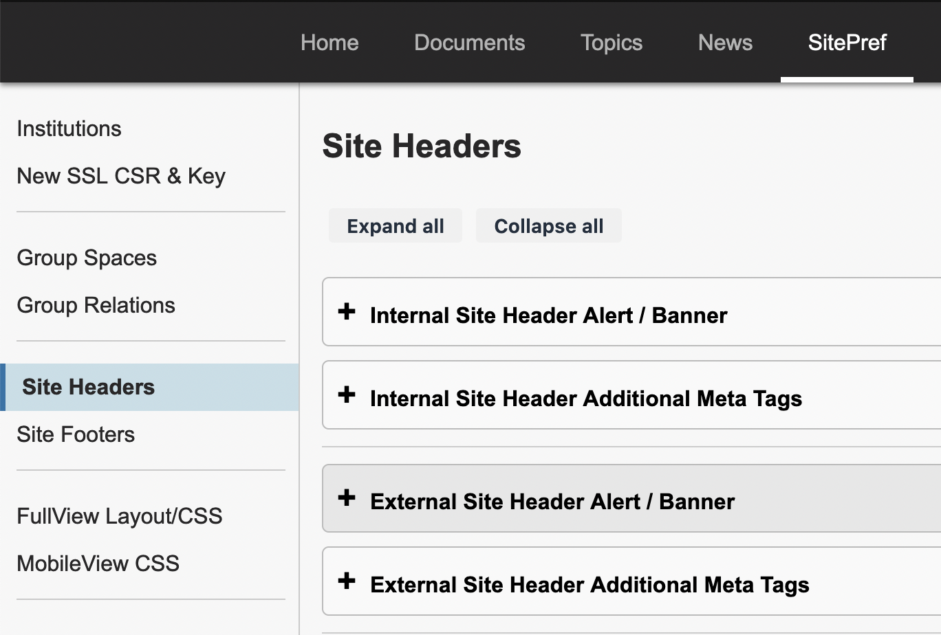 Image of the open Site Headers page under the SitePref tab. The panels for all four fields are collapsed by default.