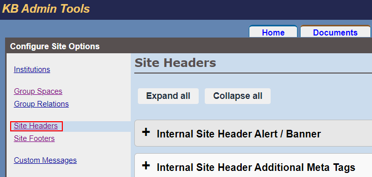 Site headers link in the SitePref sidebar