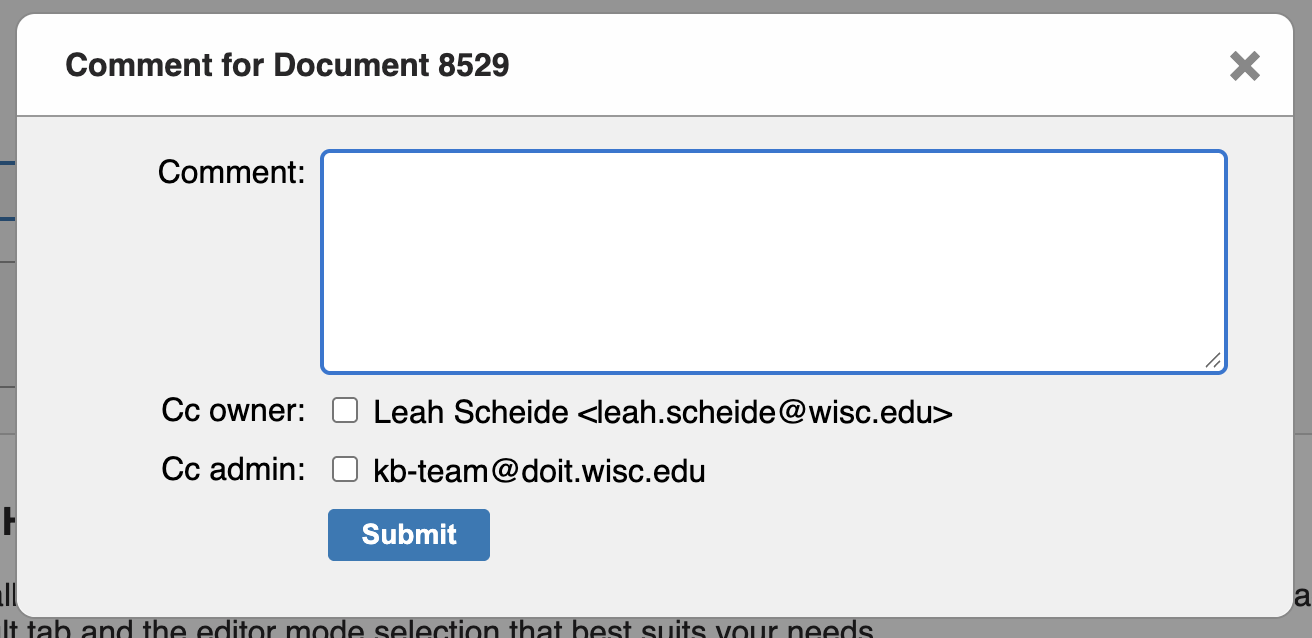 The comment modal contains a text input labeled Comment, two checkboxes to Cc the owner and admin, and a Submit button.