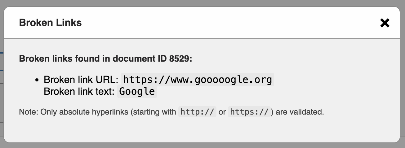 Example of a Broken Links modal with one result. The result shows the broken link URL as well as the link display text.