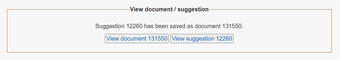 The confirmation message that the suggestion was saved as a new document.