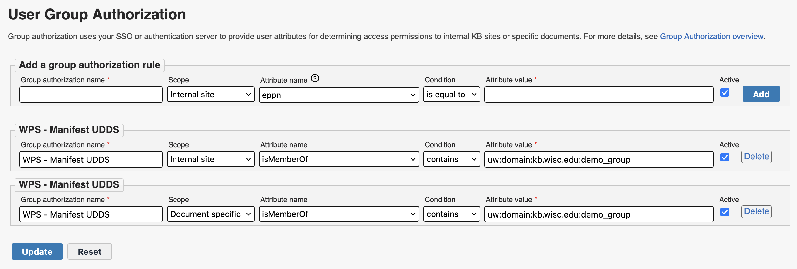 The Group Authorization screen for a group space, showing two active rules.