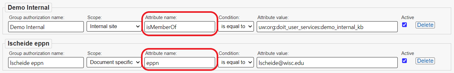 Example of two rules, one scoped for the internal site and one scoped for documents. The attribute name "isMemberOf" is circled in the first rule, and the attibute name "eppn" is circled in the second rule.