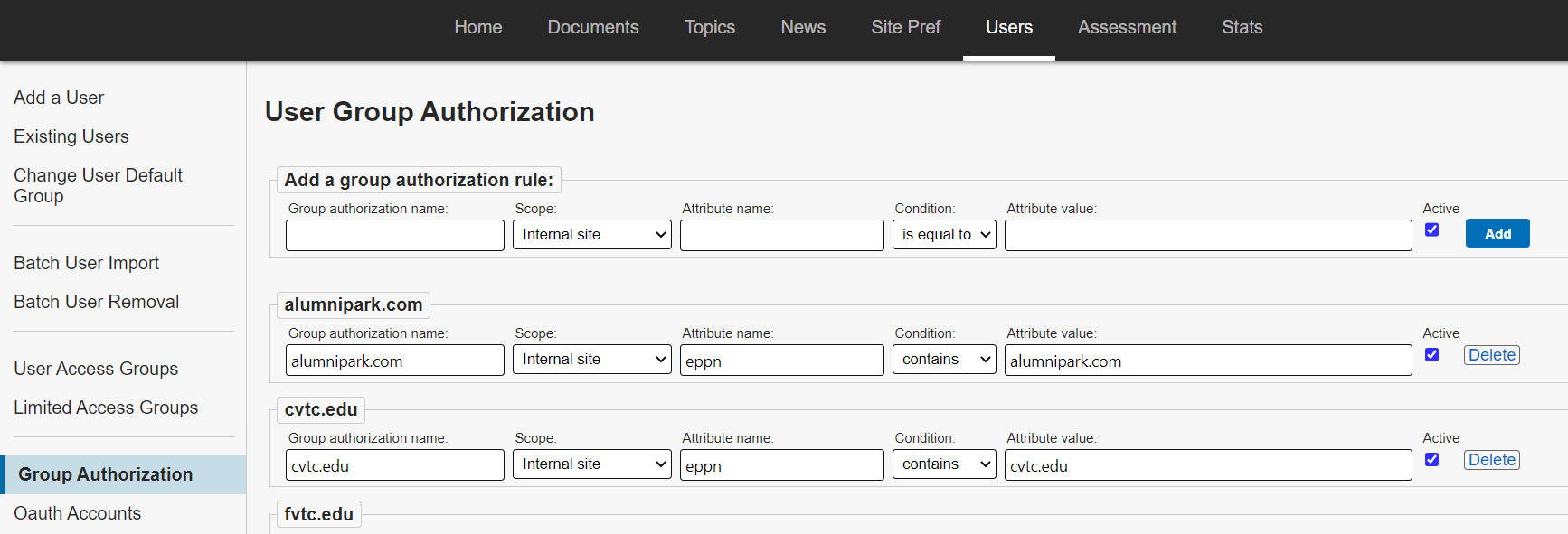 The Users tab in KB Admin Tools on the Group Authorization page.
