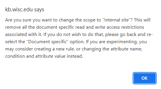 Popup message confirming the scope change from document specific to internal site