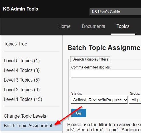 batch topic assignment link in the left nav bar of the topics tab
