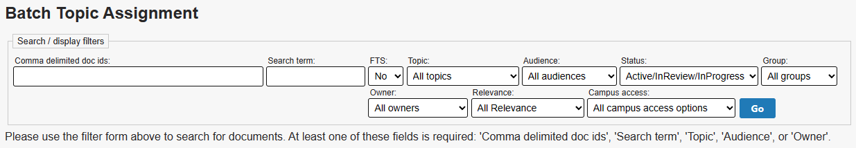 batch topic assignment screen showing search and display filters