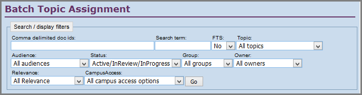 batch topic assignment screen showing search and display filters