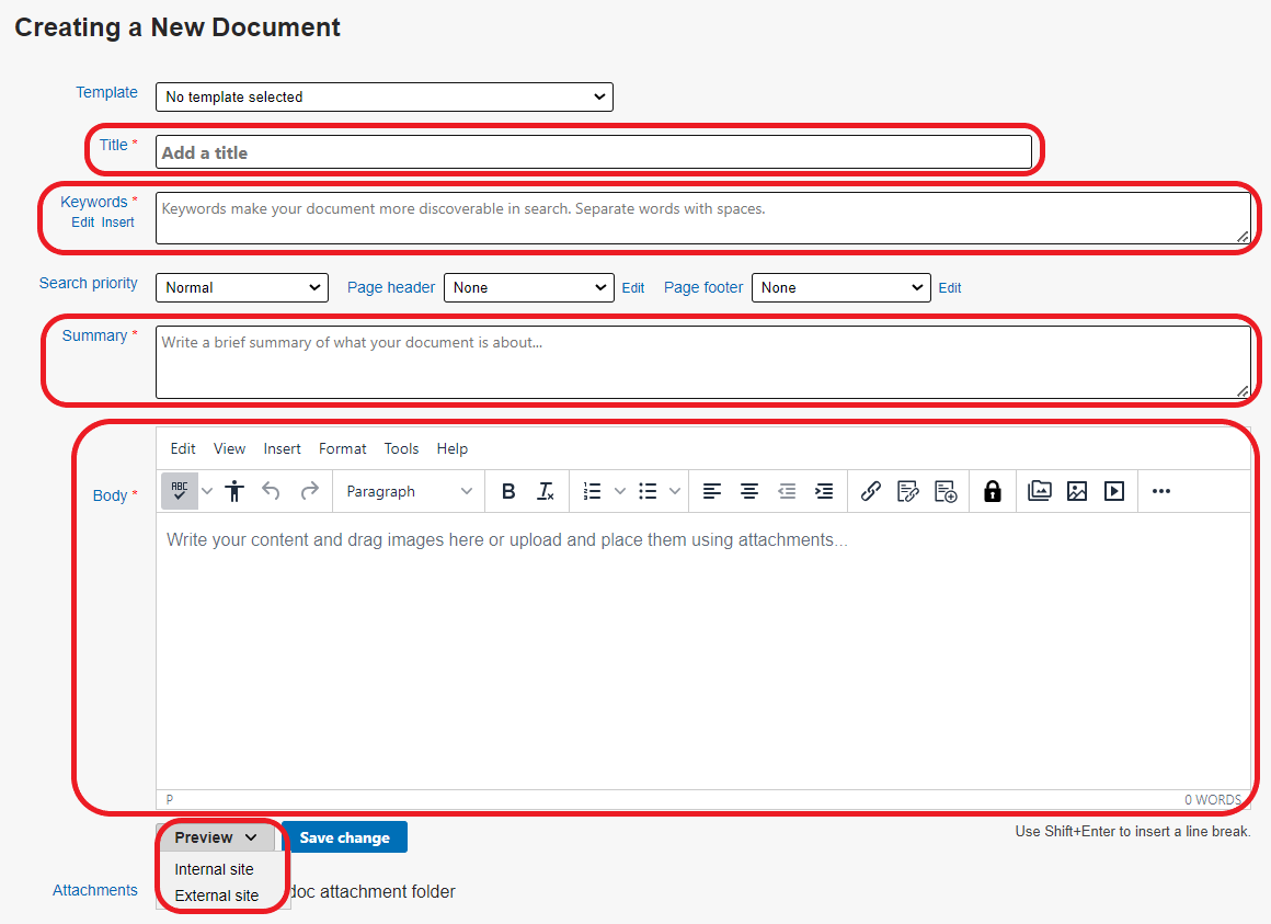 The Creating a New Document screen. All required fields are circled in red.