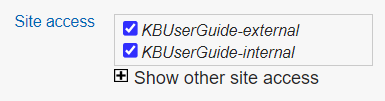 SiteAccess options showing KB user's guide internal and KB user's guide external.