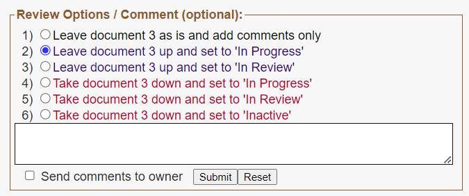Review options at bottom of the screen - Leave document up and set to In Progress selected