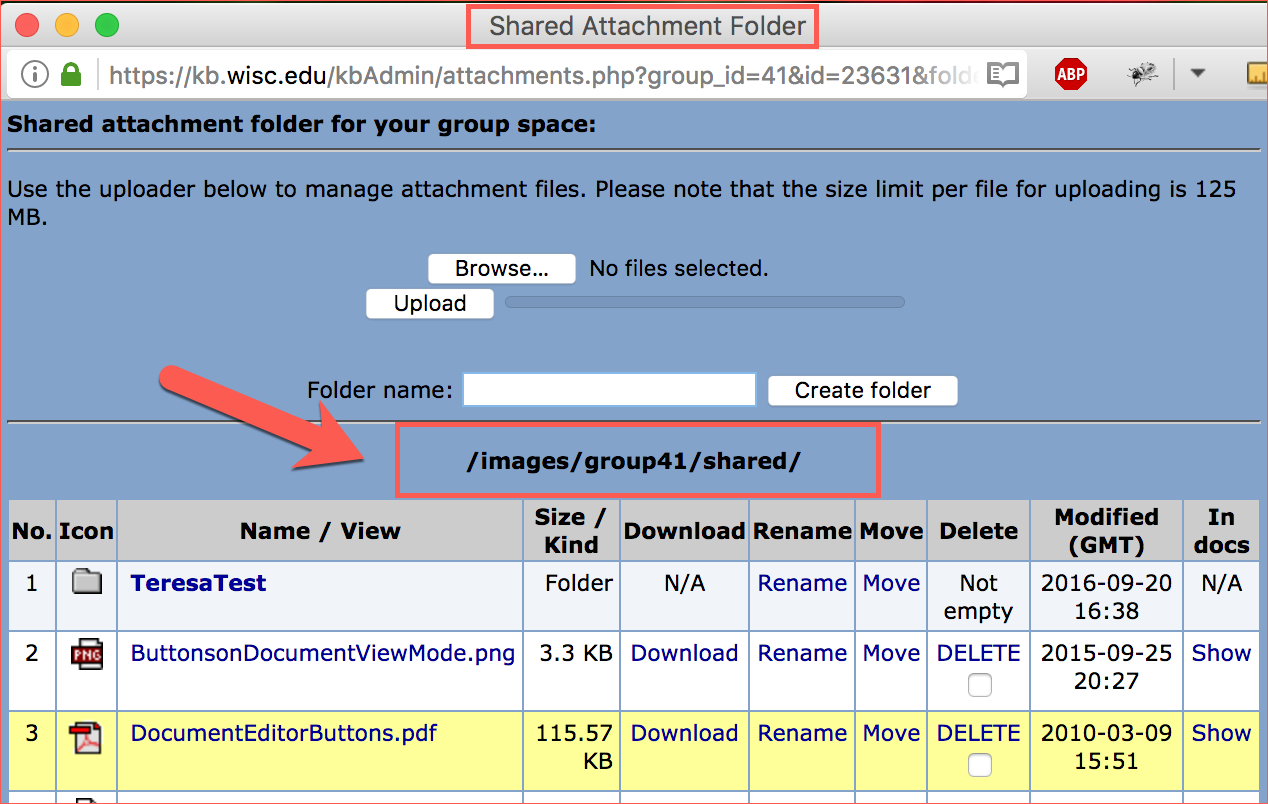 shared attachment folder URL path also displaying images in the folder ready to embed into a document