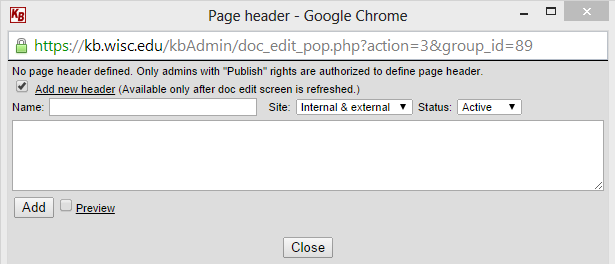 Page header edit screen with add new header checkbox checked