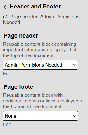 The section lists currently selected options and has separate dropdowns for the header and footer