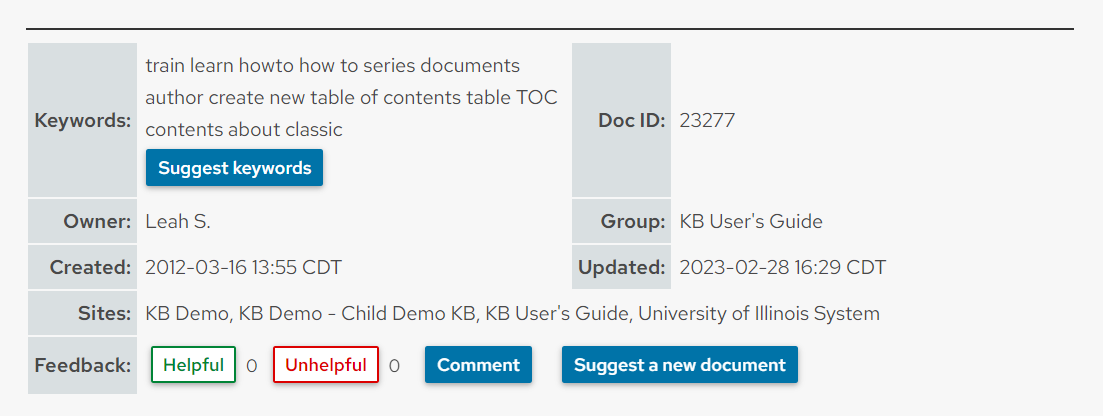 The document information table at the bottom of a KB document.