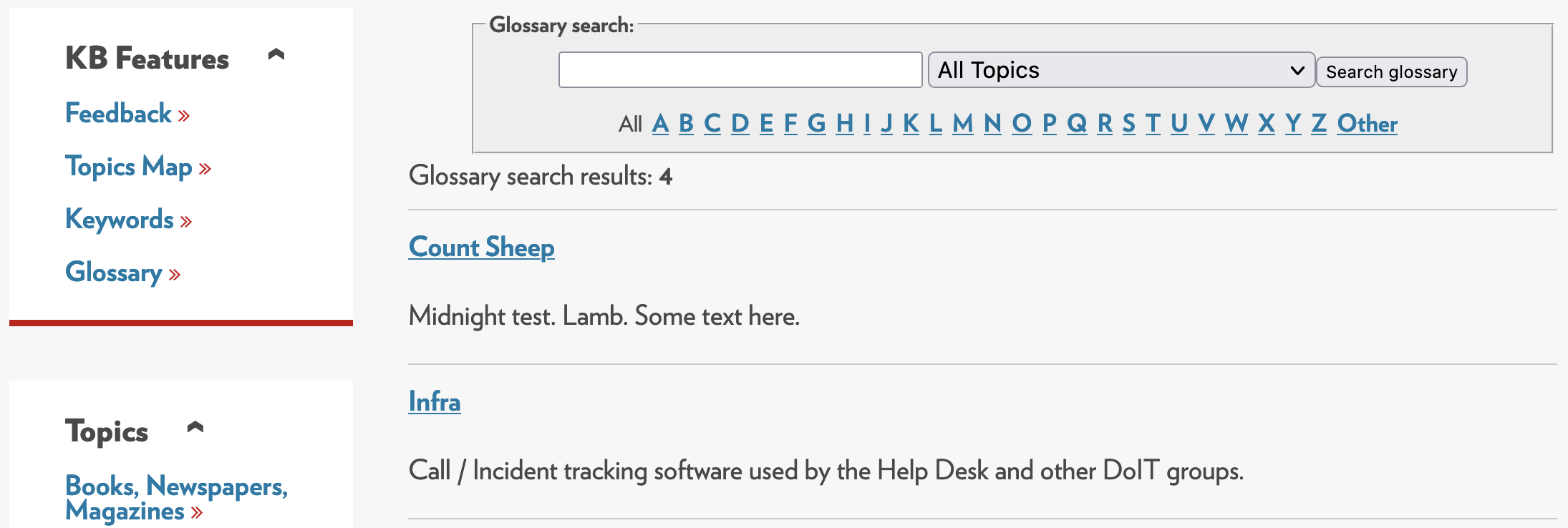 Kb live site glossary page showing horizontal alphabetic with glossary results and their definitions