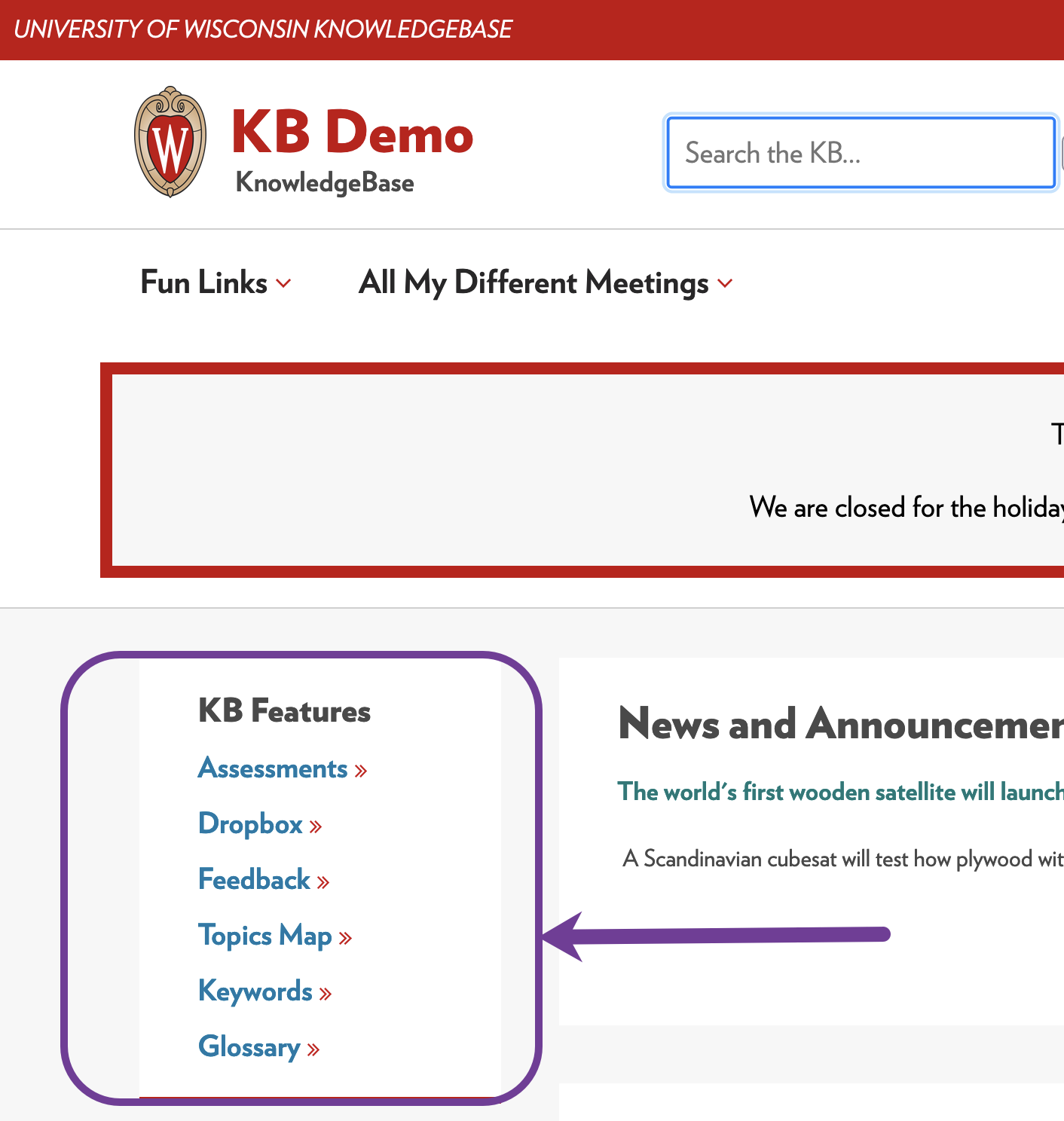 KB Pre-defined Features module on a KB livesite