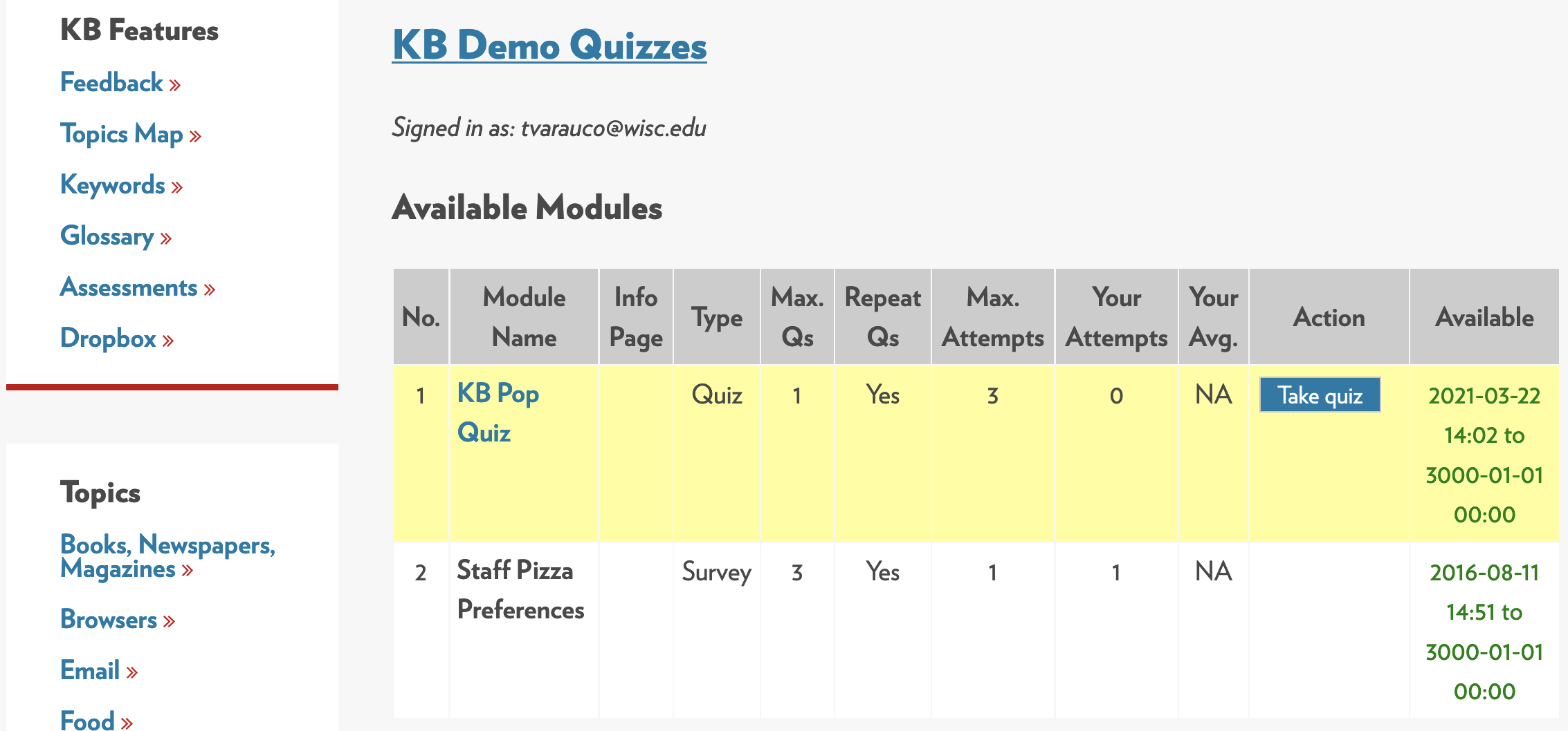 Kb internal live site showing a table of quizzes and surverys 