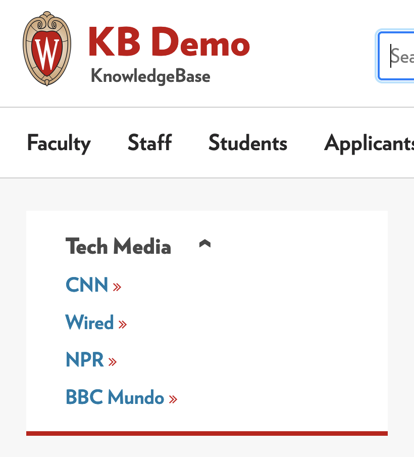Example left side module containing CNN, Wired, NPR, and BBC Mundo links