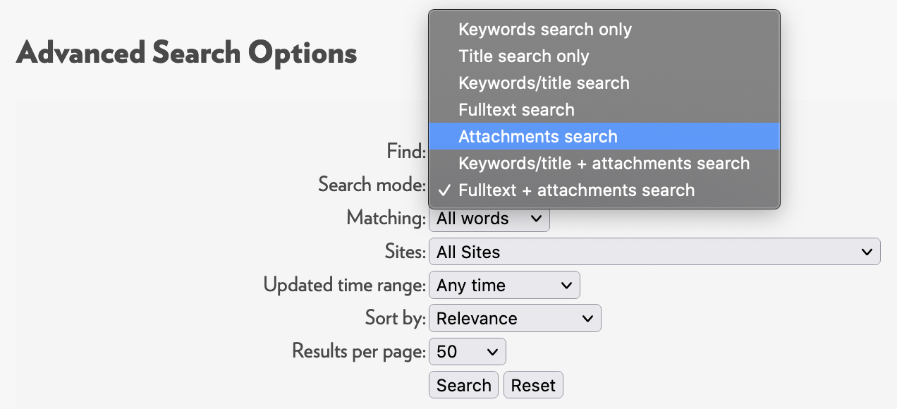 Advanced search options displaying the matching dropdown menu options with attachments search selected