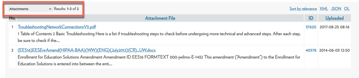 attachment search results with links to the attachments and the document ID