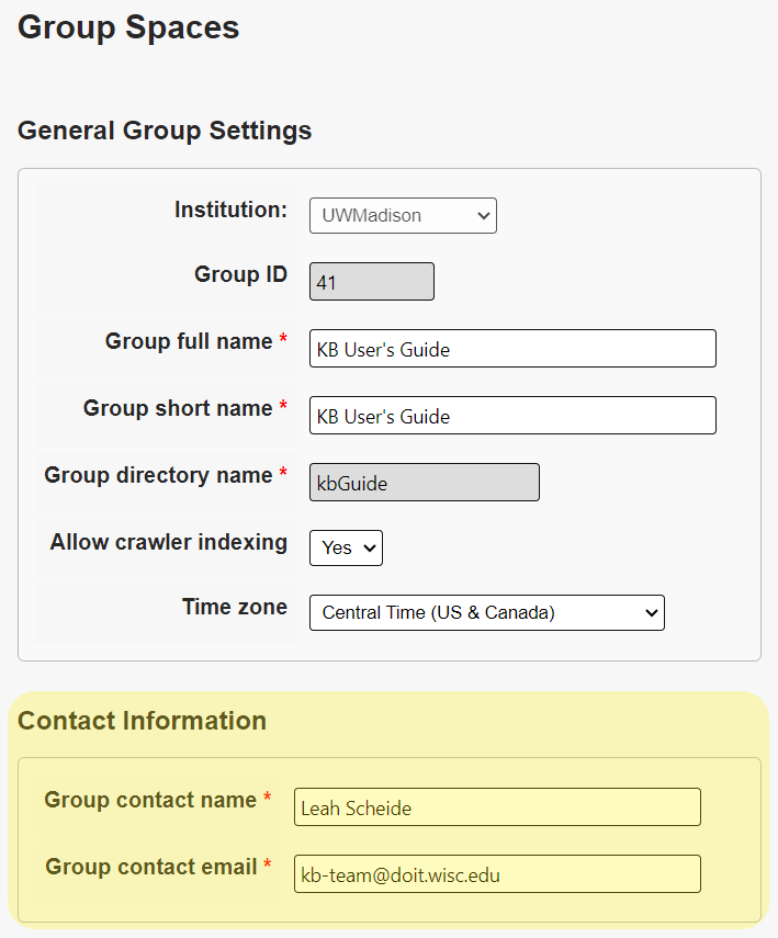Group spaces option screen highlighting the Contact Information table.