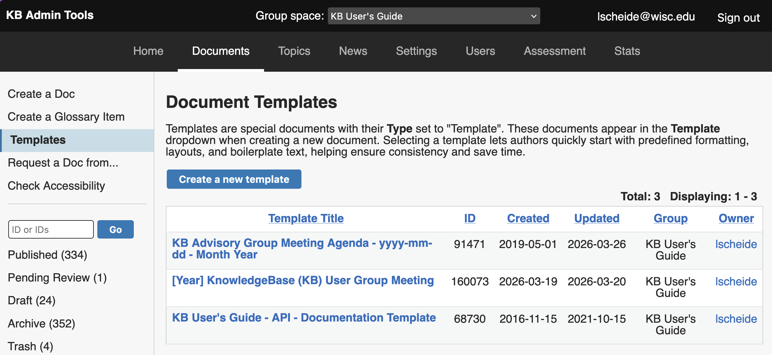 Templates is the third link in the secondary navigation of the Documents tab. Templates are listed as a table.