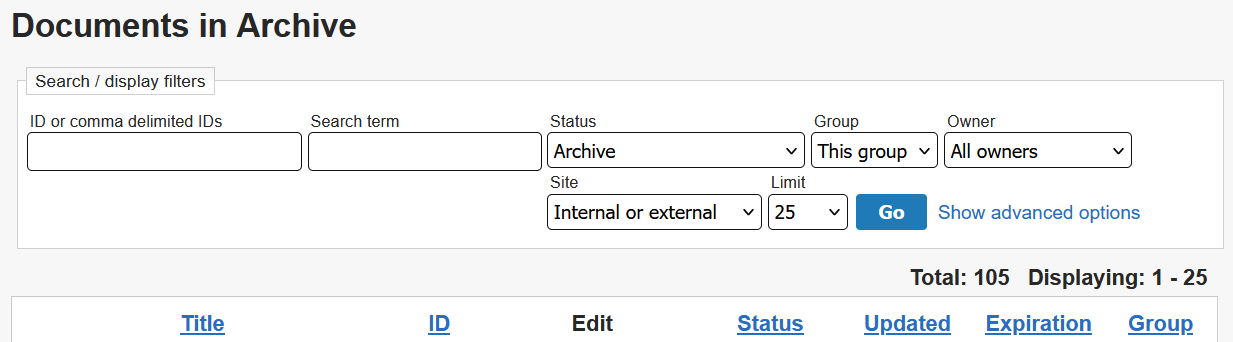 Search filters on the Documents in Archive page