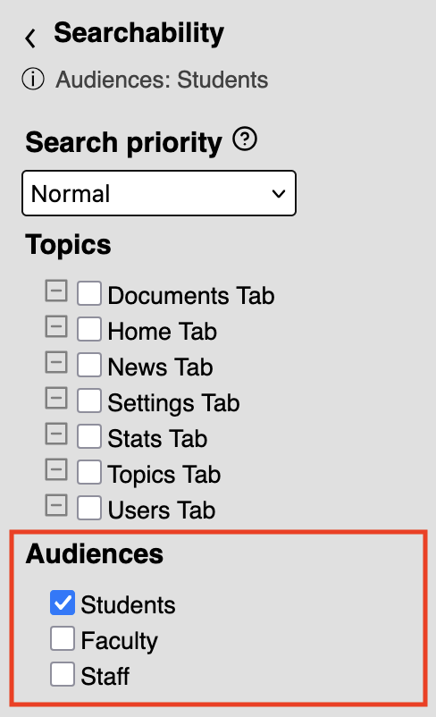 The Audiences setting under the Searchability section, with an Audience named "Students" checked.