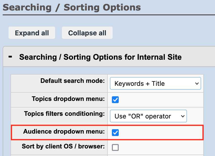 Image of the searching and sorting options for the internal site with the "Audiences dropdown menu" checkbox checked.