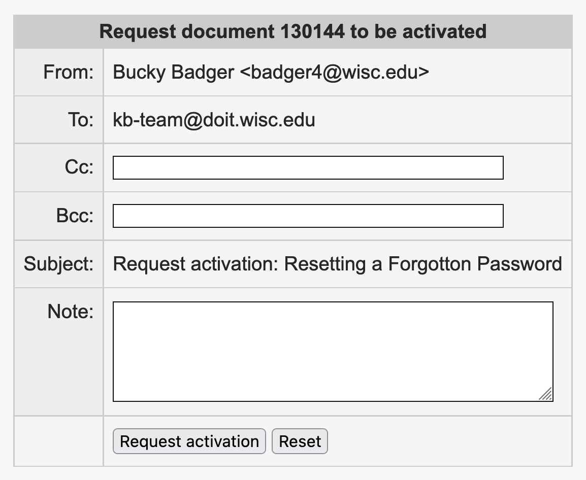 The notification form contains the fields From, To, Cc, Bcc, Subject, and Note. Only the Cc, Bcc, and Note fields can be edited, and the rest will be prepopulated and read only. After the fields are buttons to send to the request or reset the form.