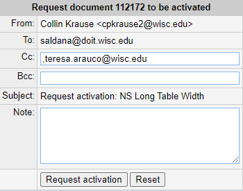 Request activation screen with From, To, Cc, Bcc, Subject, and Note fields