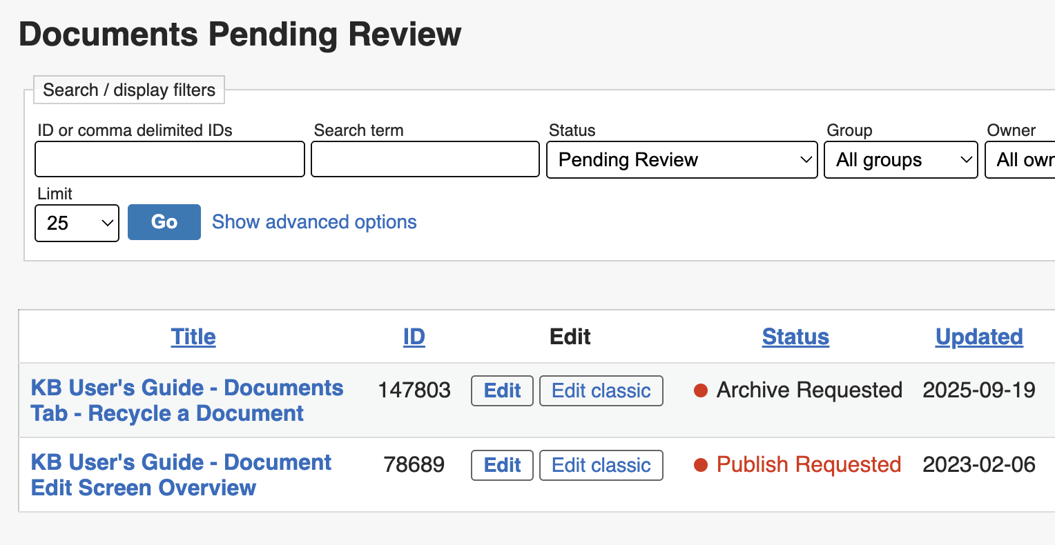 Two documents listed on the Pending Review page. One says Archive Requested in the Status column, and the other says Publish Requested.