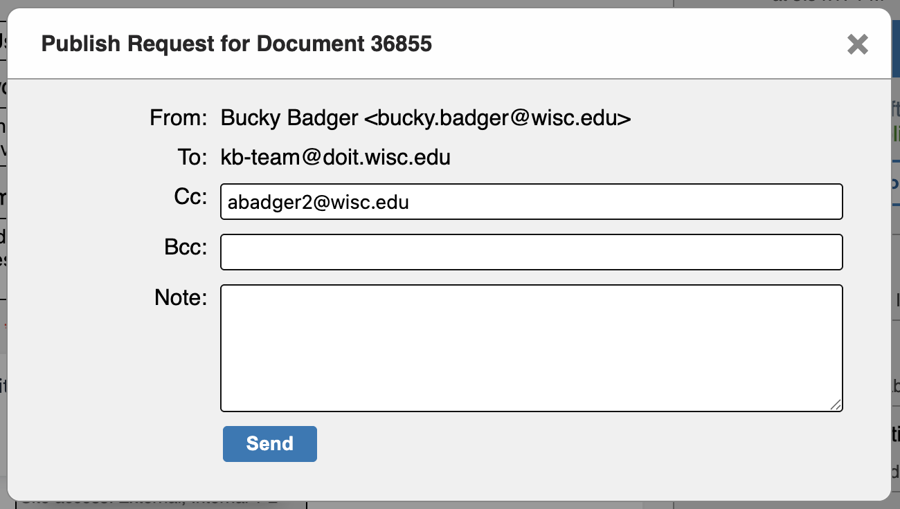 Example of a Publish Request modal with the fields described above.