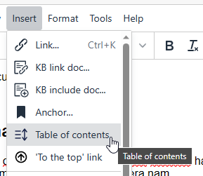 Inserting the Table of Contents shortcode from the Insert menu