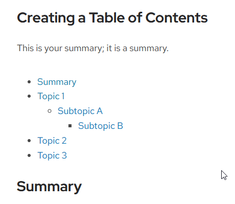 An example image of what the Table of Contents looks like